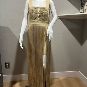 Herve Leger Gold Maxi Fringe Dress new with tags